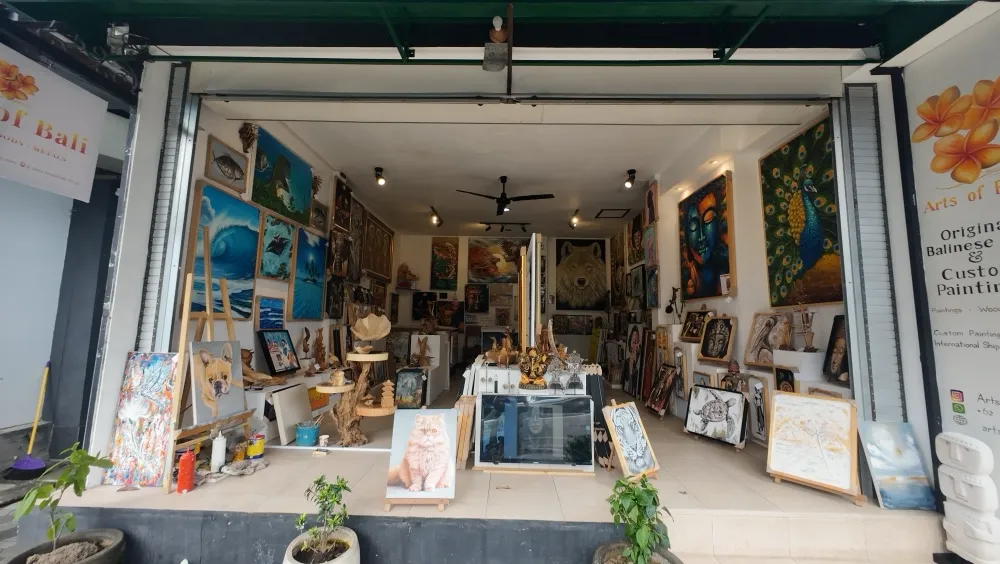 The completed interior of Arts of Bali gallery showcasing contemporary paintings.