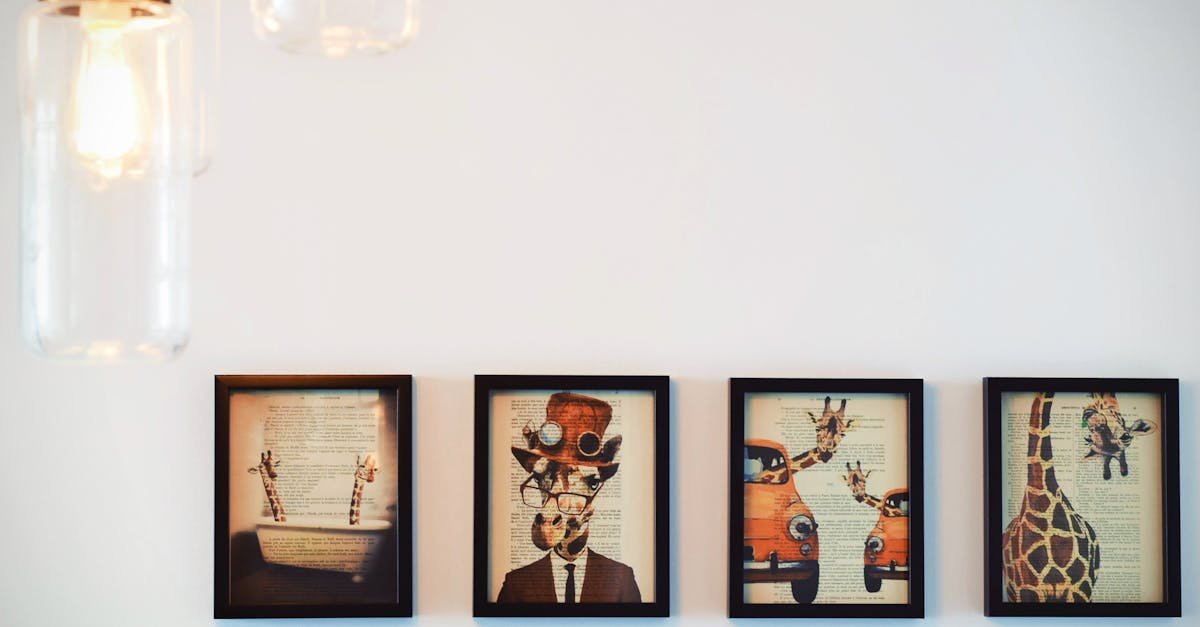 A modern interior display of four framed giraffe-themed artworks, enhanced by warm lighting.