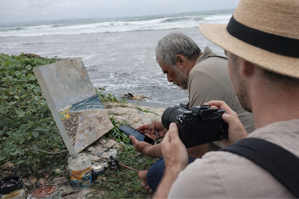 Painting the Spirit of Bali Beneath the Seminyak Sun - Arts of Bali A tourist with a camera capturing the creative process of a local artist painting outdoors during a live demo in Bali