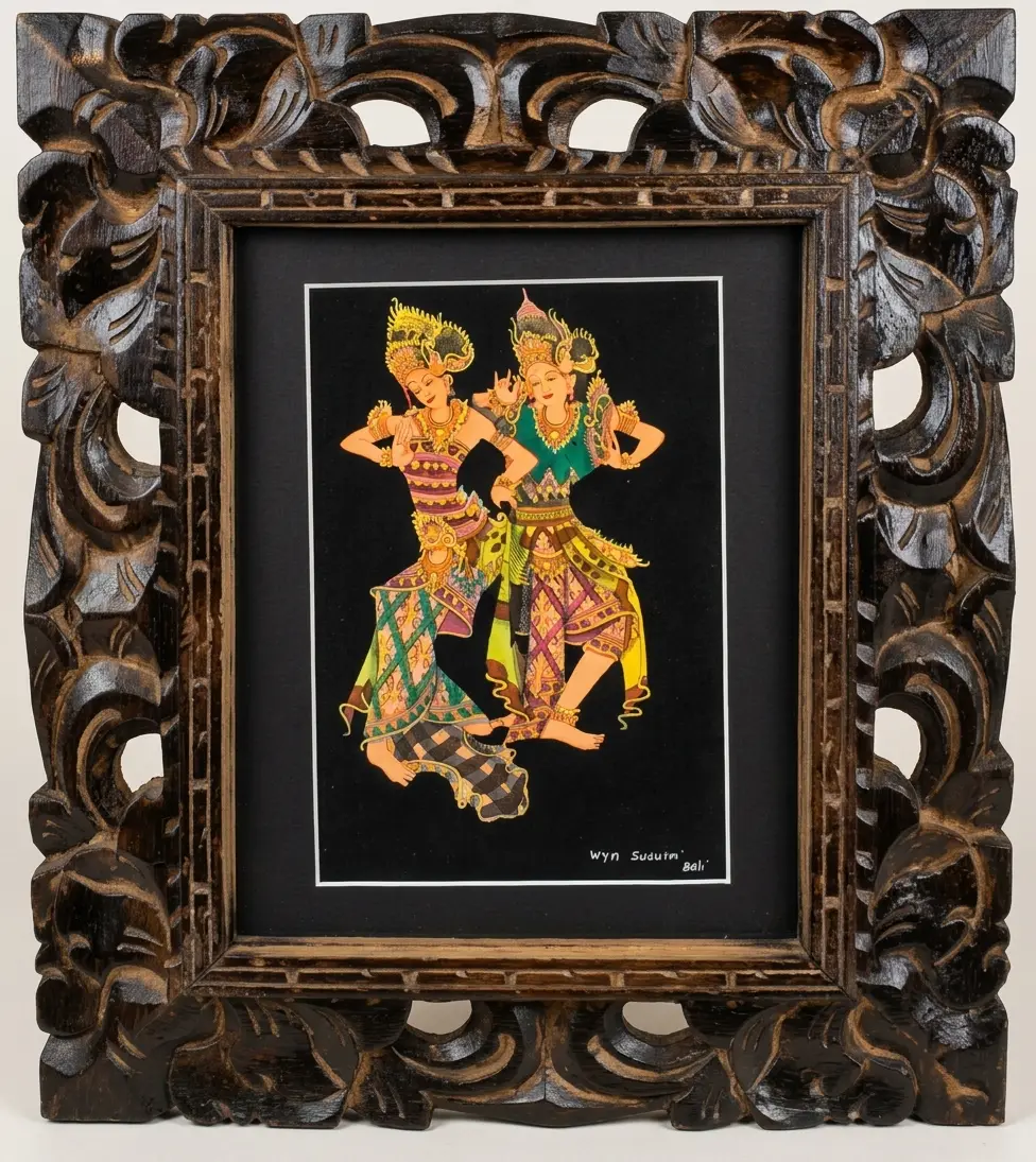 Detailed traditional Balinese painting of dancers illustrating the style of a custom wedding commission