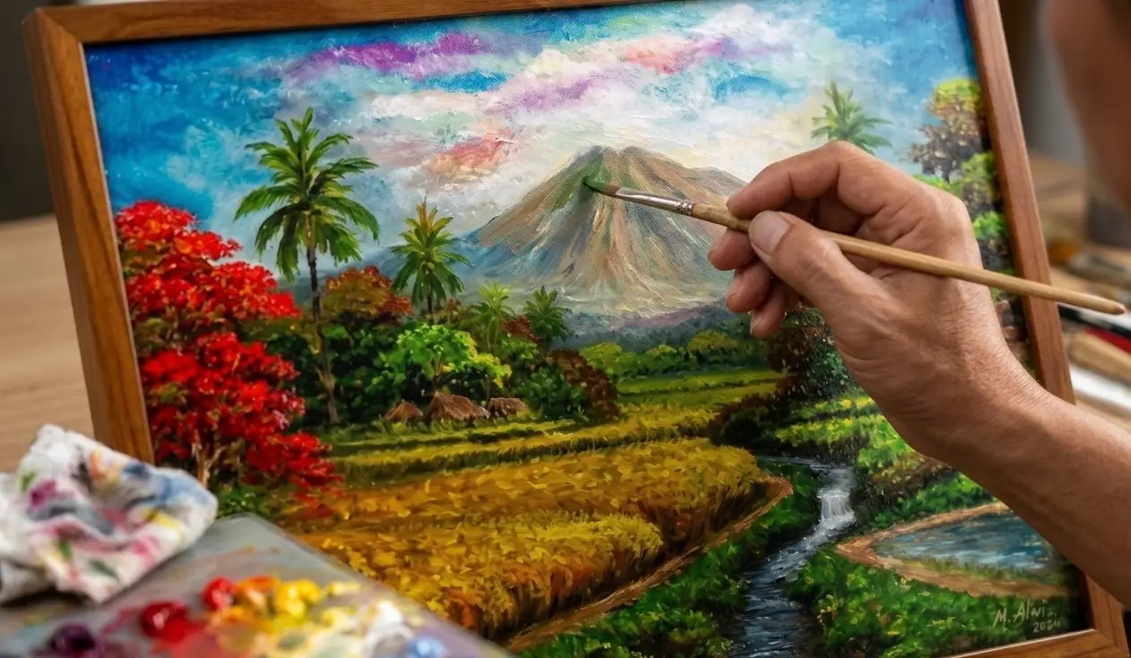 Artist's hand applying brushstroke to a Balinese landscape oil painting featuring Mount Agung and rice fields
