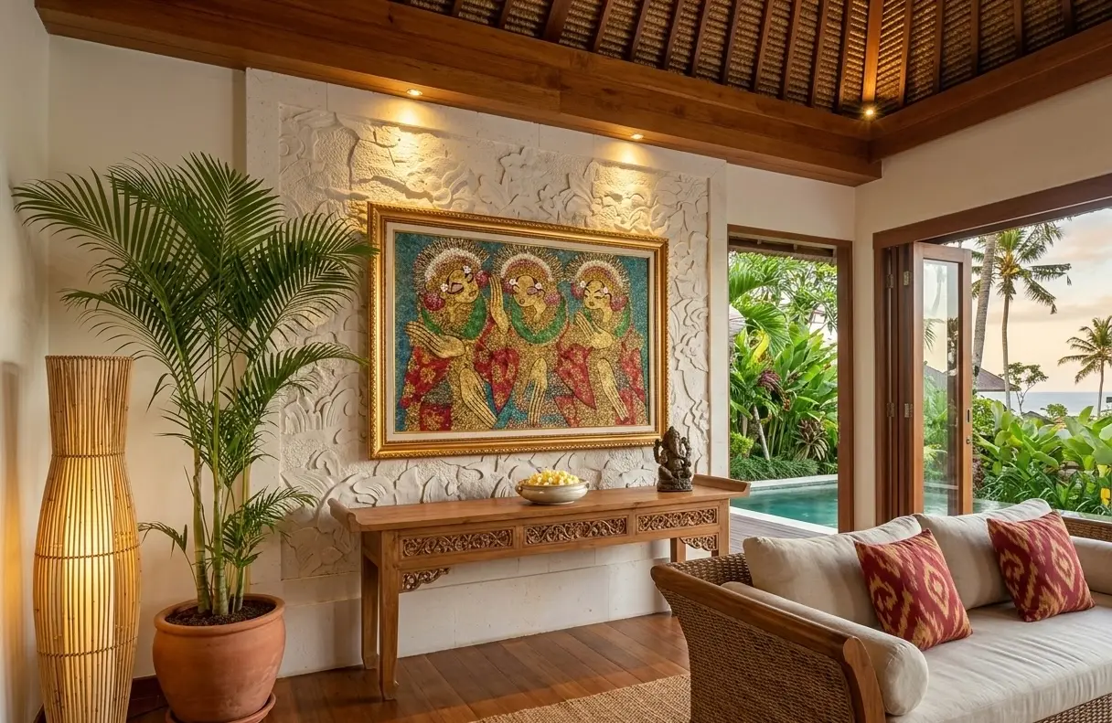 Authentic Balinese dancers oil painting displayed as luxury wall decor in a tropical room interior