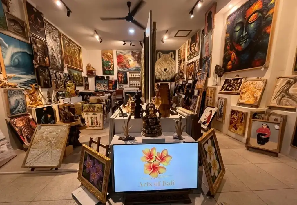 Commissioned Textured Realism Paintings in Bali - Arts of Bali Interior of Arts of Bali gallery in Seminyak showcasing handcrafted textured realism artworks.