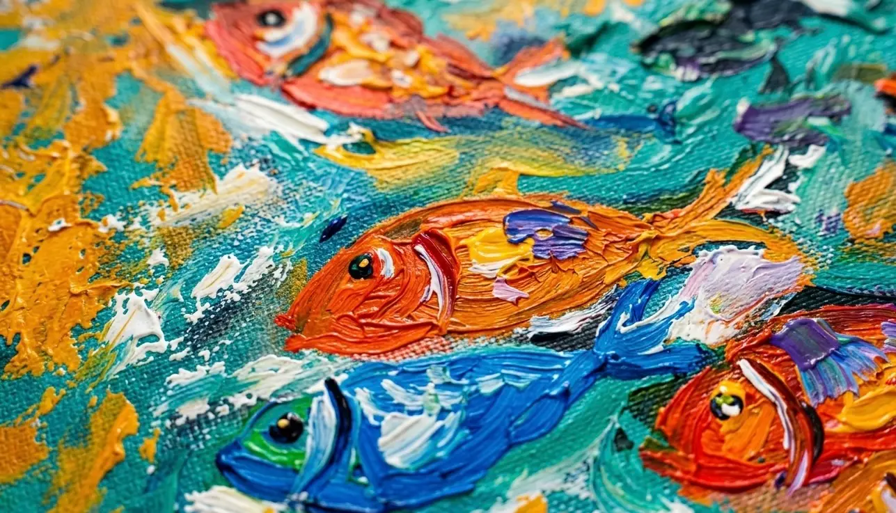 Palette knife painting detail — impasto texture, Arts of Bali Close-up macro detail of palette knife impasto technique — layered oil paint fish on textured canvas at Arts of Bali Seminyak