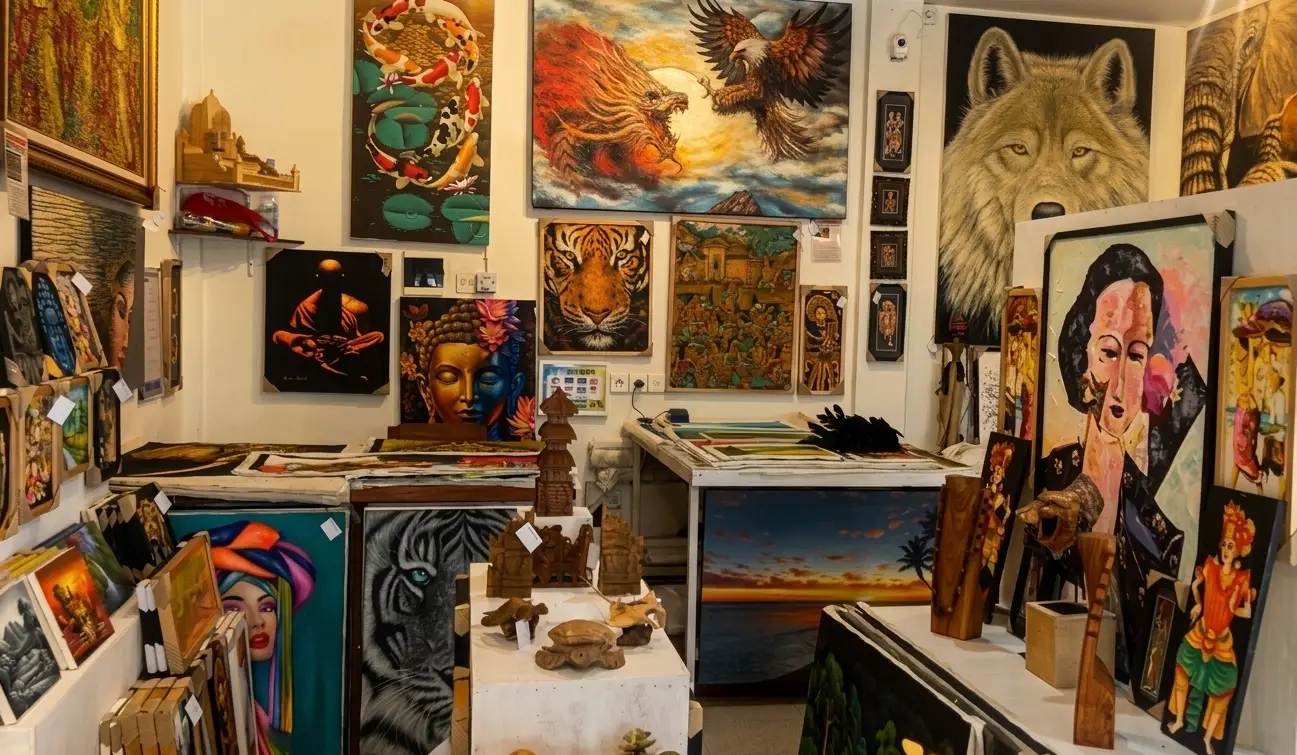 Original painting collection at Arts of Bali gallery, Jalan Raya Seminyak Wide view of Arts of Bali fine art gallery Seminyak — walls covered with diverse original paintings including wildlife, Balinese portraits, abstracts, and landscapes
