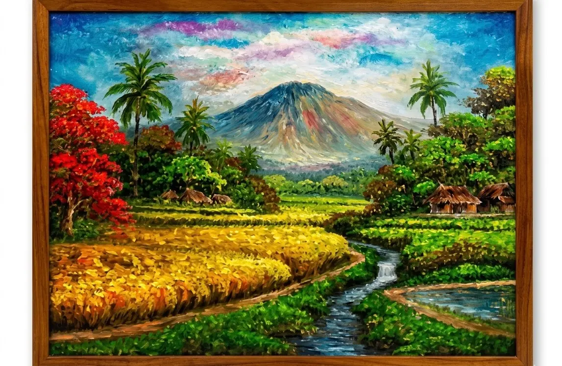 Finished Balinese landscape oil painting with Mount Agung, tropical trees, golden rice fields and flowing stream in a wooden frame