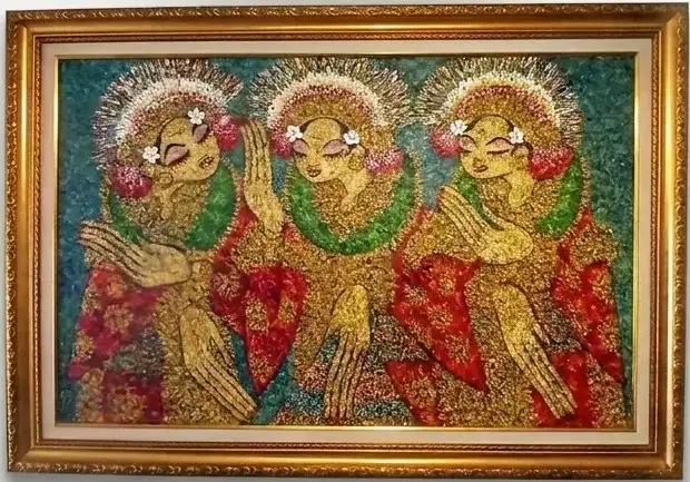 Three Balinese female dancers wearing golden ceremonial headdresses in a mid-prayer pose, rendered in a glittering mosaic-like mixed media painting