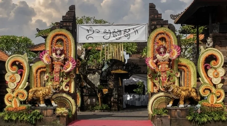 Artist's hand applying brushstroke to a Balinese landscape oil painting featuring Mount Agung and rice fields