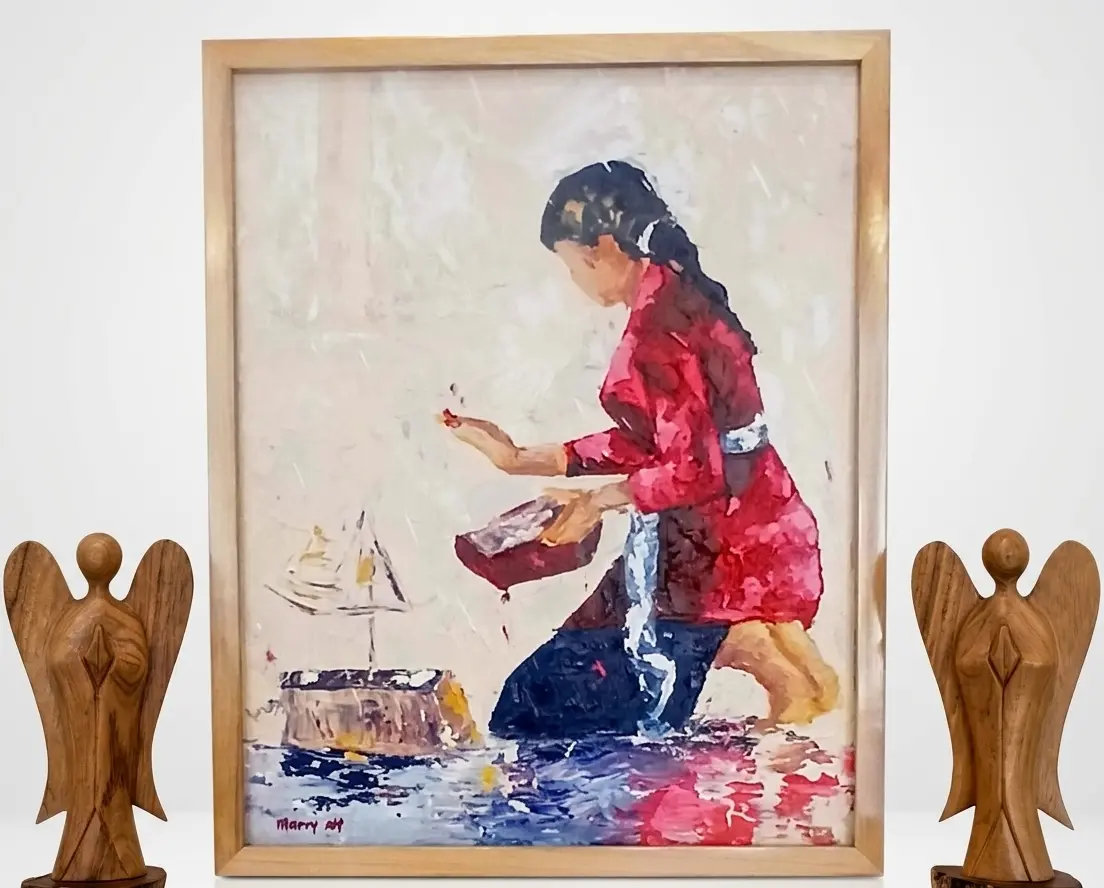 Impressionist oil painting of a Balinese woman in red kneeling to release a small sailing offering into water