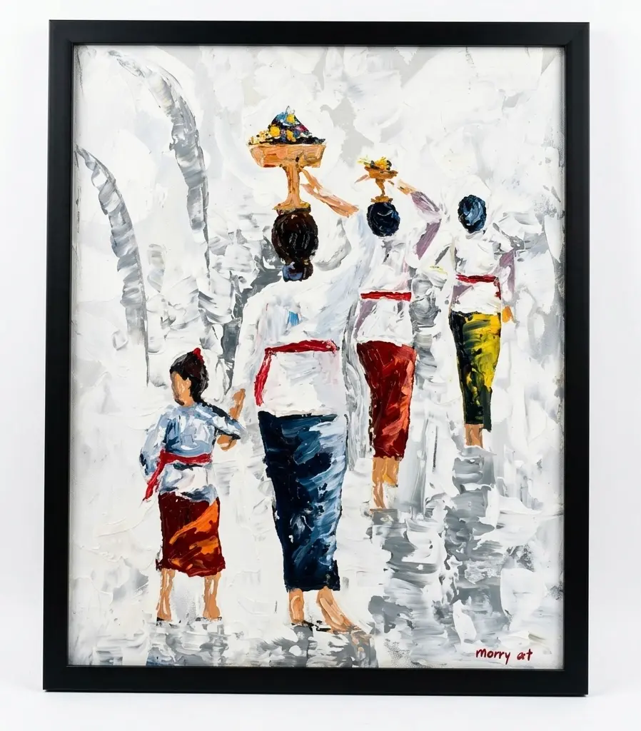 Expressive oil painting of Balinese women in traditional kebaya carrying ceremonial offerings with a small child walking beside her mother
