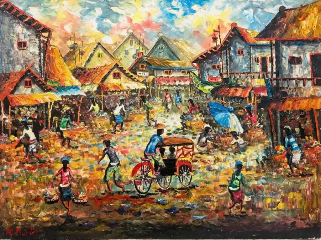 充满活力的印象派风格的正宗传统巴厘岛市场绘画