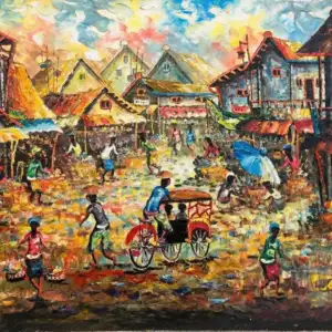 Lukisan pasar tradisional Bali yang otentik dengan gaya impresionis yang semarak