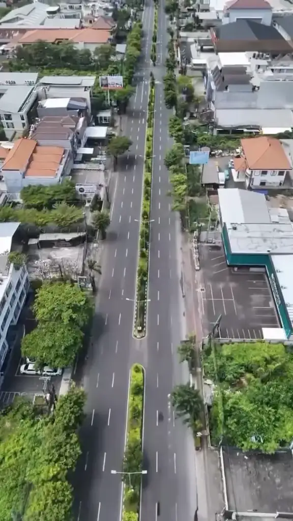From the Noise to the Silence: Nyepi with the Arts of Bali Family - Arts of Bali Drone shot of a wide completely empty road in Bali lined with trees during Nyepi the Hindu New Year Day of Silence