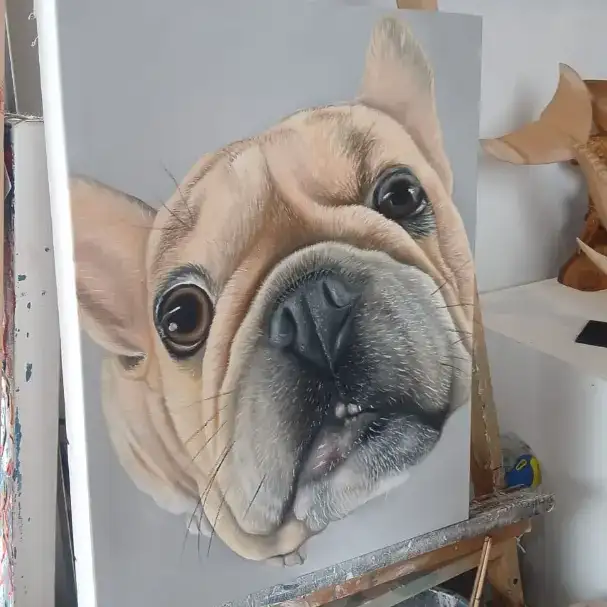 Extreme detail on a French Bulldog animal realism painting at Arts of Bali.