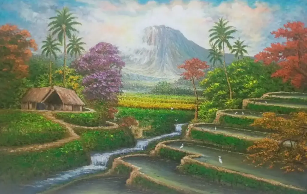 A.Gandara: The Man Who Found Himself in the Texture of the Land - Arts of Bali Balinese realist landscape painting by A. Gandara depicting rice terraces volcano and palm trees