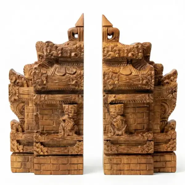Balinese temple gate wood carving — hand-carved candi bentar split gate sculpture, Arts of Bali Seminyak gallery