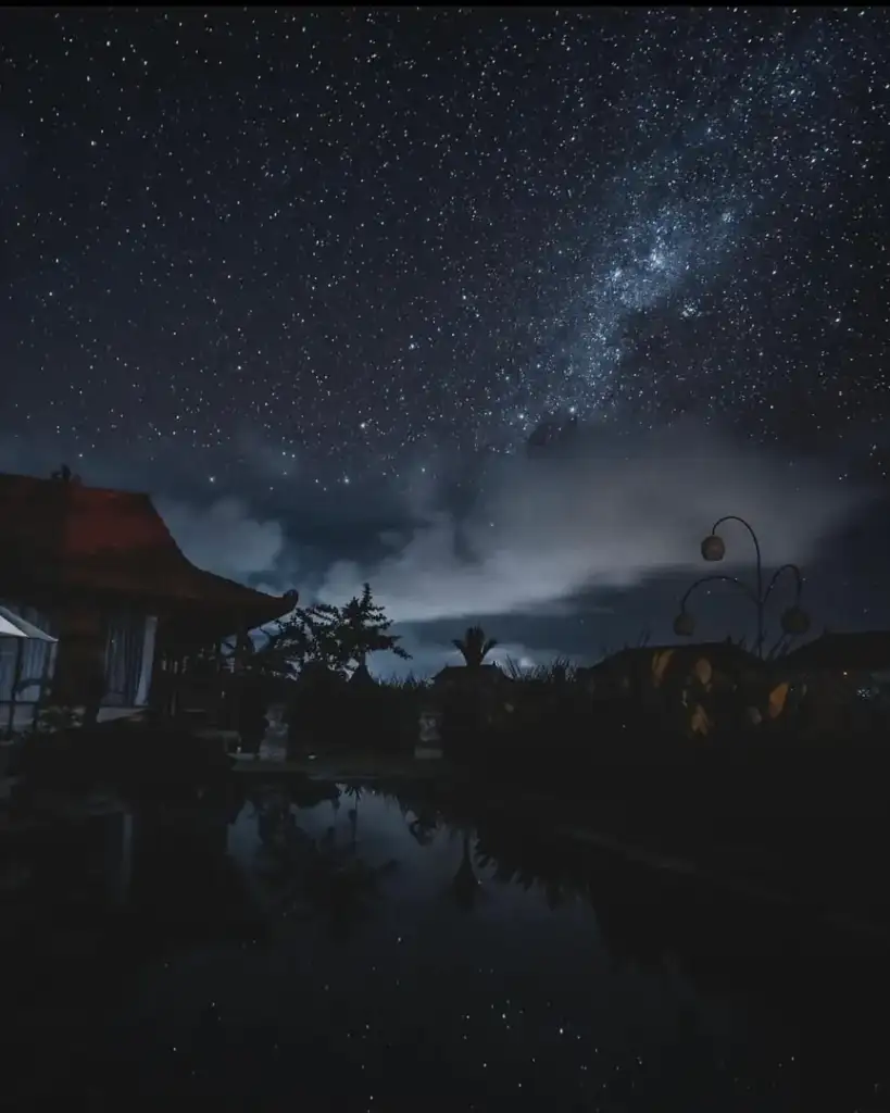 From the Noise to the Silence: Nyepi with the Arts of Bali Family - Arts of Bali Stunning night sky filled with stars and the Milky Way reflected in a pool beside a traditional Balinese rooftop during Nyepi