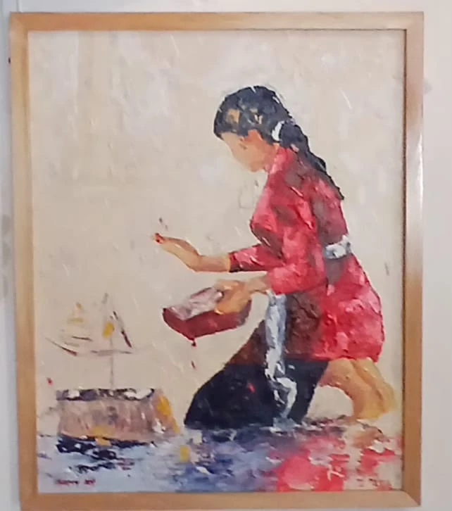 Palette knife painting by Upeksa of Balinese woman in red placing canang sari offering