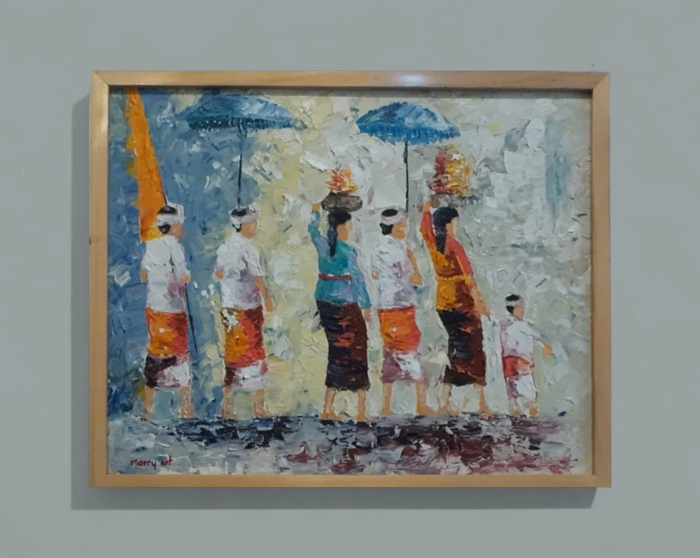 Palette knife painting of Balinese women in procession with ceremonial umbrellas
