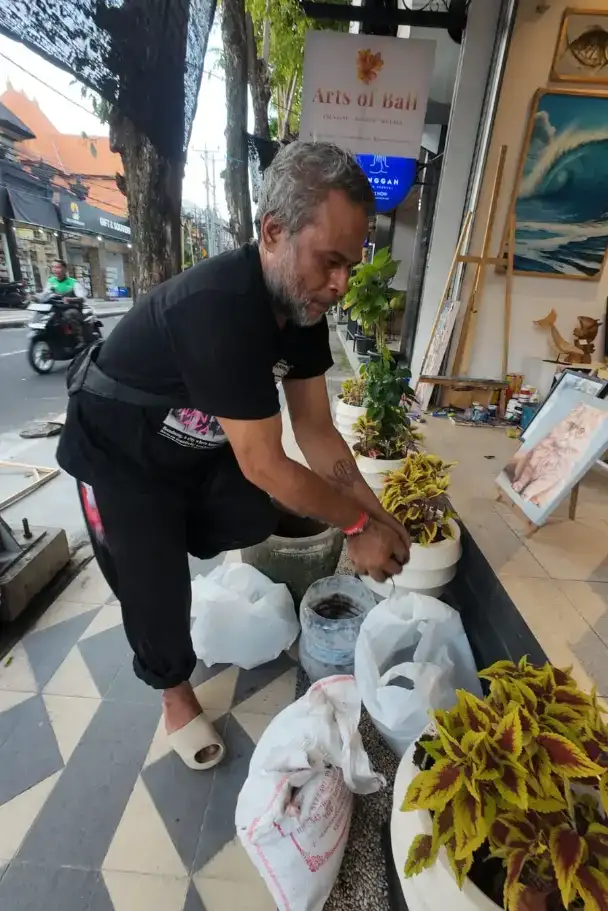Behind the Display: The Story of Arts of Bali Gallery's New Seminyak Look - Arts of Bali Outdoor display setup of Arts of Bali gallery on Seminyak main street with white pots and paintings - Arts of Bali