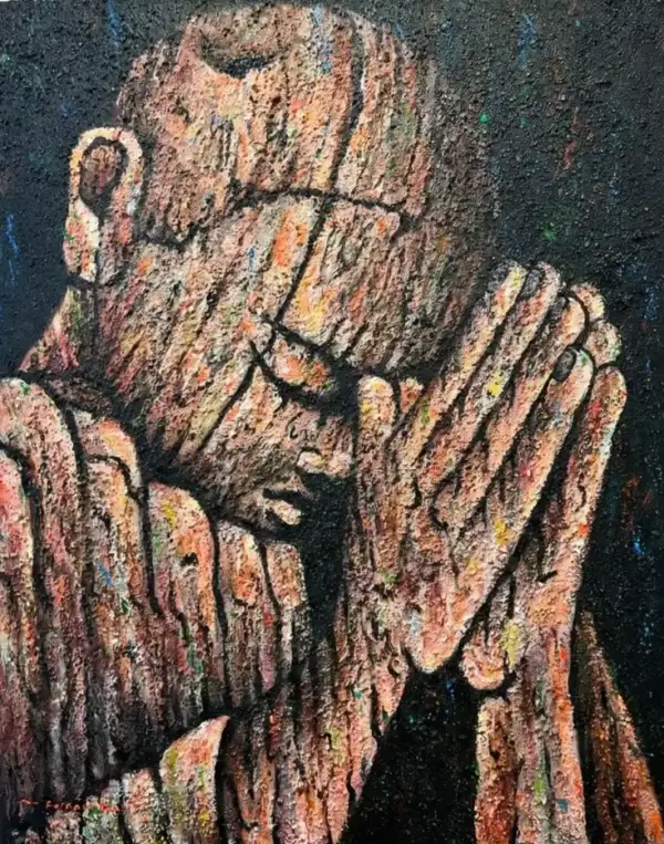 Praying Monk on Sand Painting