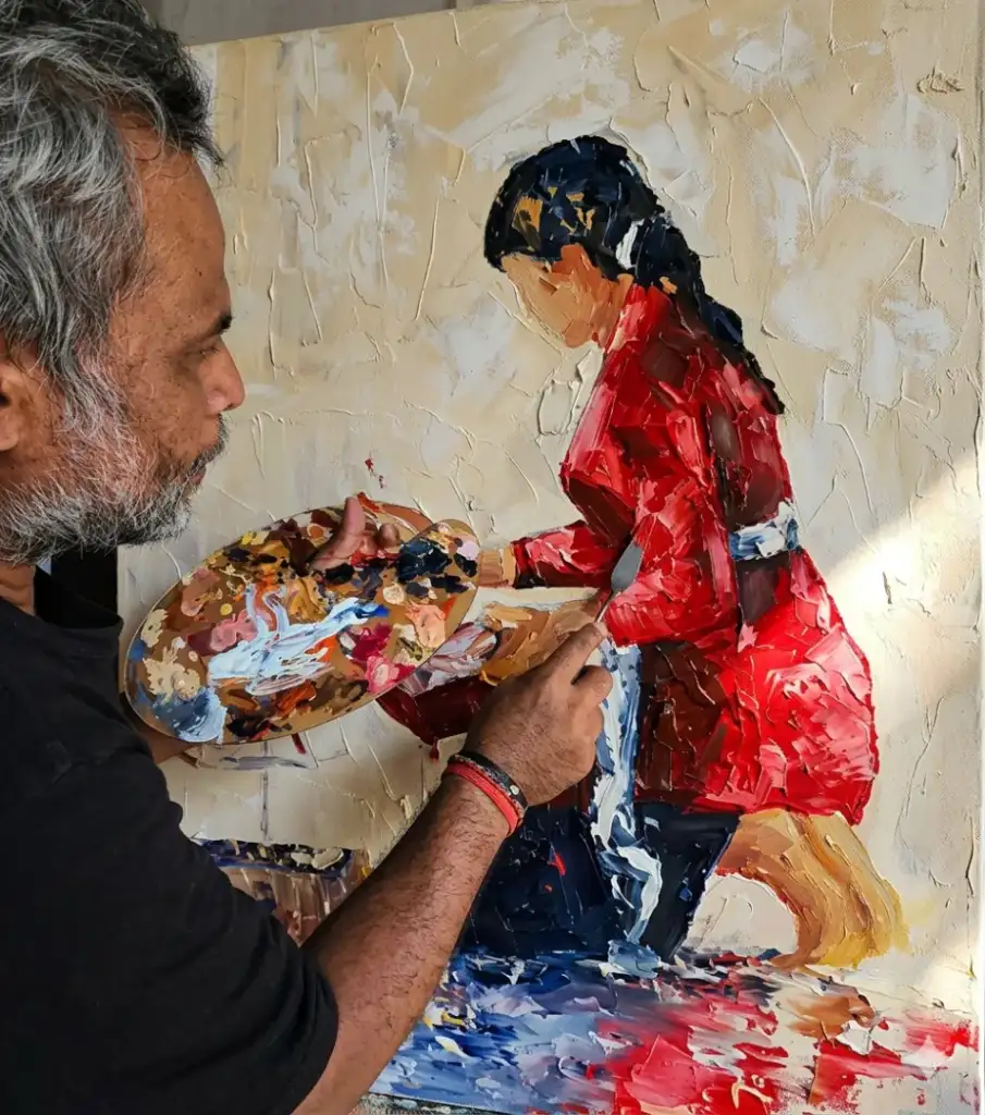 Artist Upeksa applying palette knife technique on canvas of Balinese woman making offering at Arts of Bali Seminyak Kuta