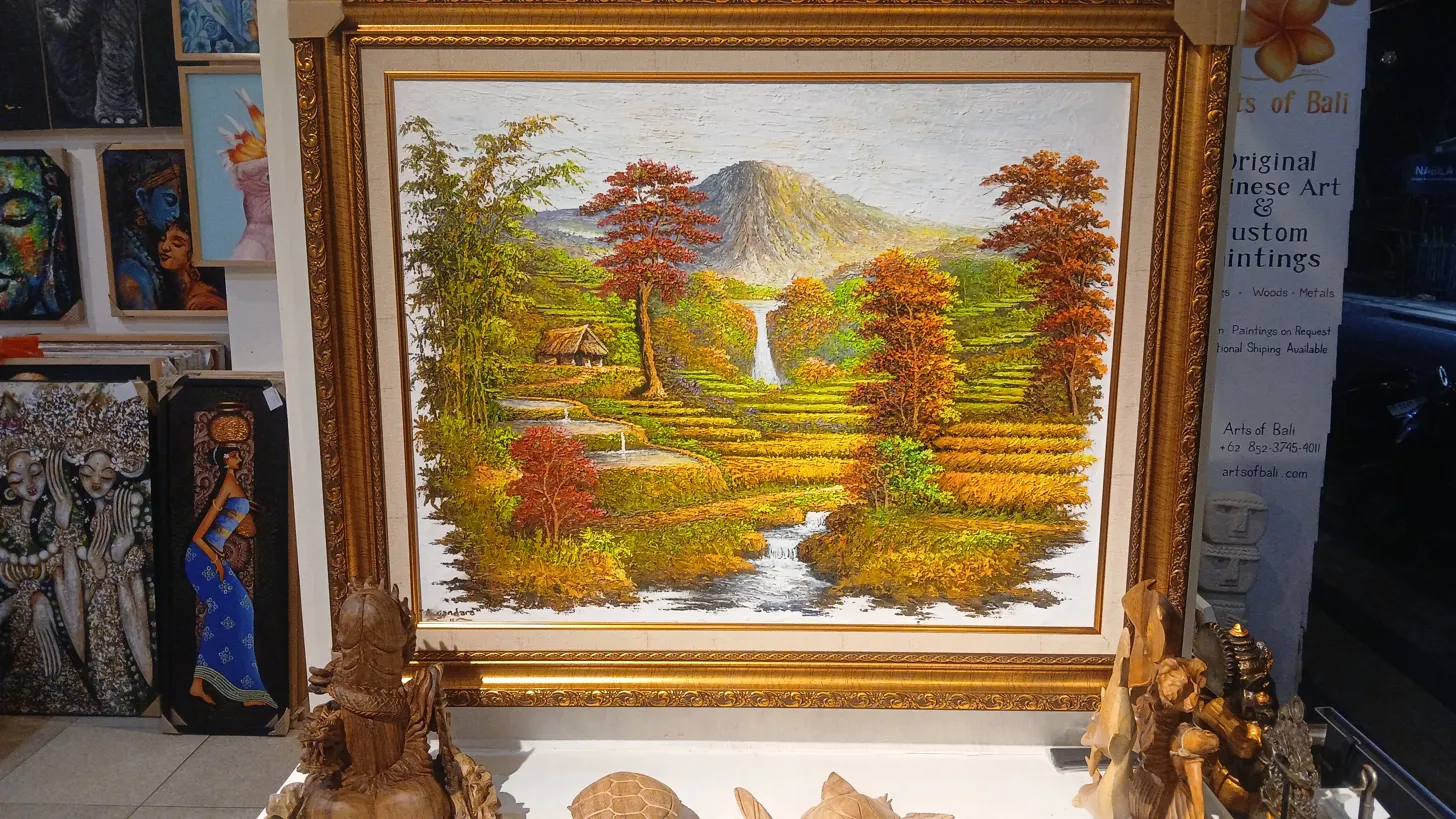 Arts of Bali gallery featuring Gandara landscape painting in Seminyak before we ship painting from Bali