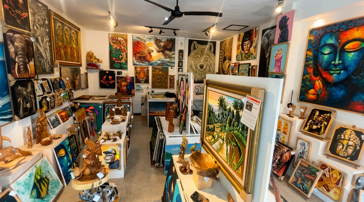 Interior of Arts of Bali gallery in Seminyak showing a wide collection of original paintings including wildlife, Balinese portraits, Buddha art, and landscape works displayed on gallery walls
