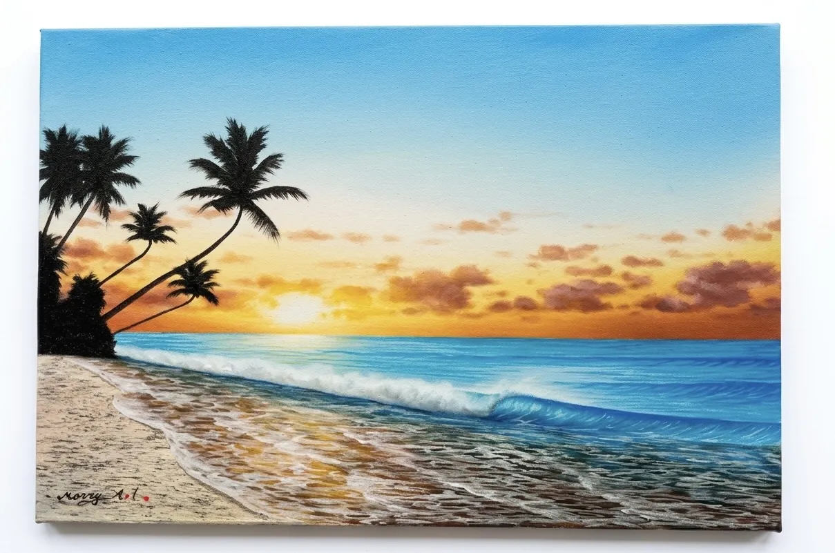 Bali beach sunset painting in oil on canvas showing palm tree silhouettes against a vivid orange and gold sky with a calm shoreline and breaking wave — original artwork from Arts of Bali gallery Seminyak
