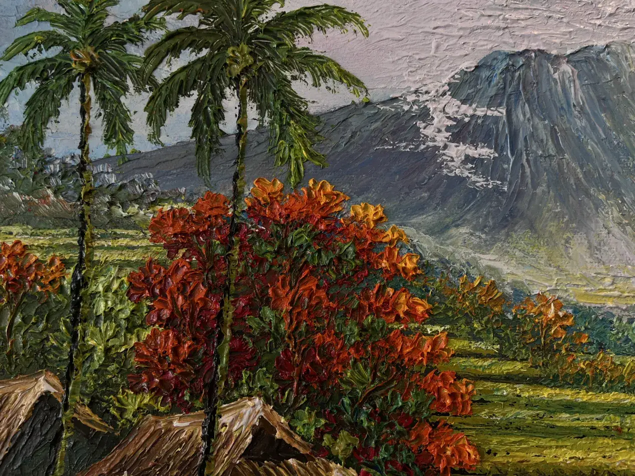 Close-up detail of a bali rice field painting showing impasto oil paint texture on palm trees red flowering trees and volcanic mountain with visible palette knife brushwork typical of Balinese landscape painting at Arts of Bali Seminyak