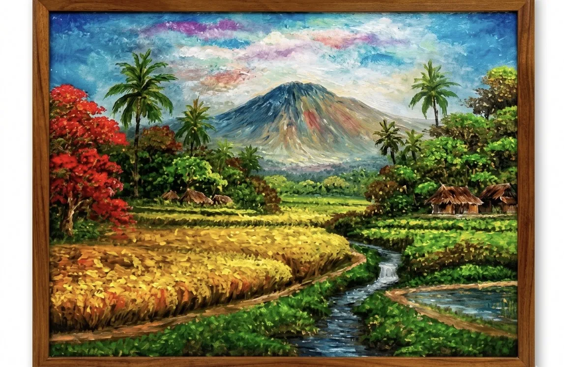 Original bali rice field painting showing golden harvest season rice paddies with volcanic mountain palm trees and irrigation canal framed in brown wood at Arts of Bali Seminyak