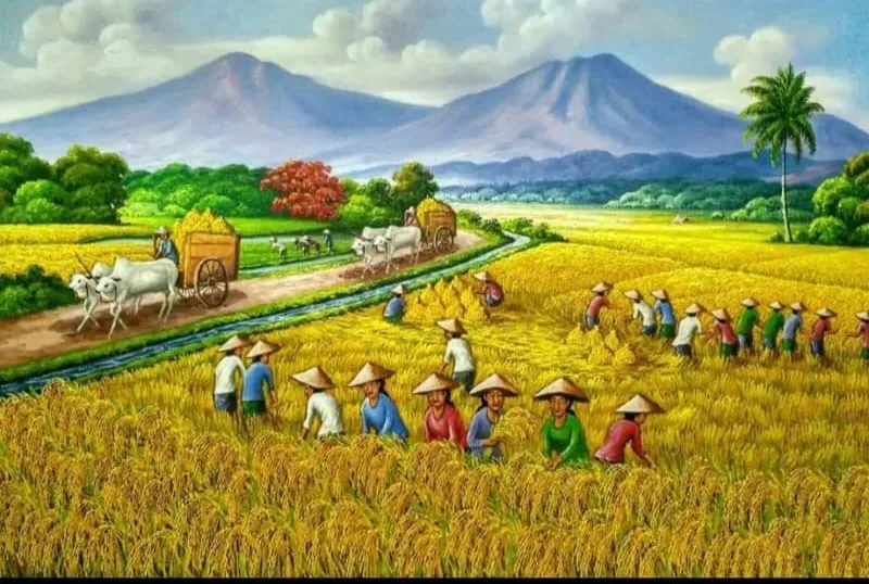 Bali rice harvest painting showing many workers in conical hats harvesting golden paddy alongside ox carts and mountain backdrop in figurative oil on canvas style at Arts of Bali Seminyak