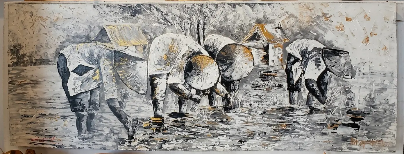 Bali Rice Field Workers Palette Knife Painting by Upeksa — Grey Gold Impasto, Arts of Bali Wide palette knife impasto painting of Balinese rice field workers in grey white and gold technique showing farmers working in flooded paddies at Arts of Bali