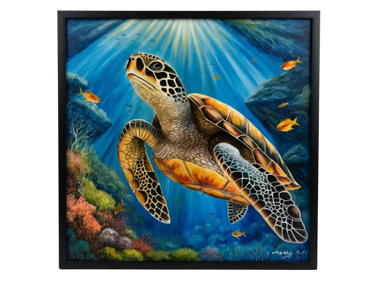 Sea turtle painting Bali depicting a green sea turtle ascending through a coral reef with orange fish and light rays in vivid oil colour, black frame — original artwork at Arts of Bali gallery Seminyak