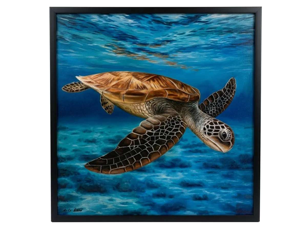 Hyperrealist sea turtle painting Bali showing a green sea turtle swimming in deep blue ocean water, rendered with precise shell and flipper detail in oil on canvas, black frame — Arts of Bali gallery Seminyak