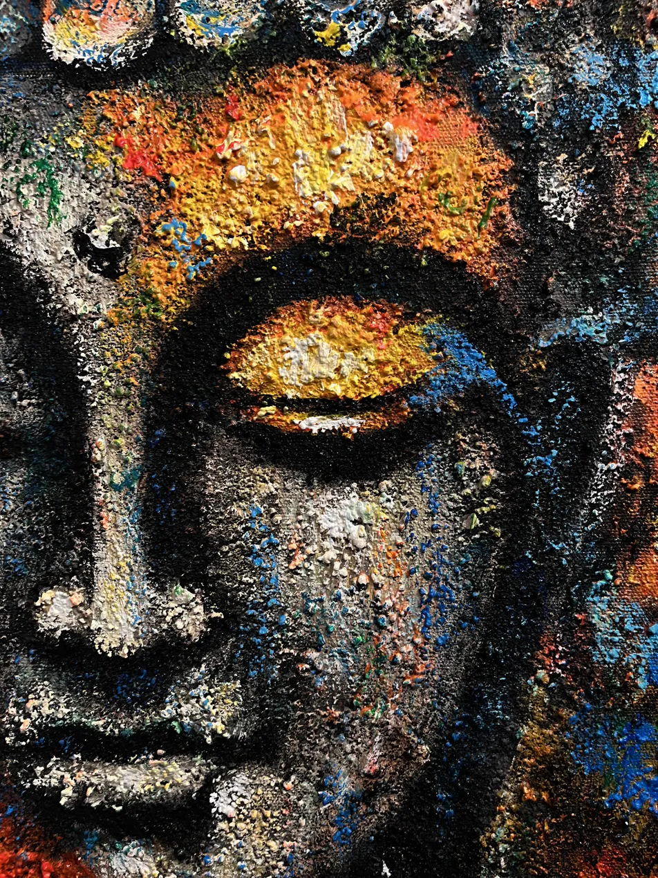 Textured Painting Bali — Sand Grain Surface Detail Close-Up Close-up macro detail of textured painting Bali surface showing individual grain depth