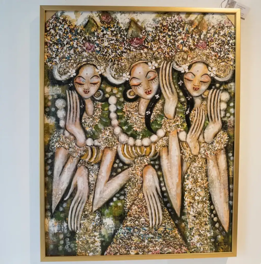 Three Balinese dancer painting using palette knife technique displayed at Arts of Bali gallery Seminyak