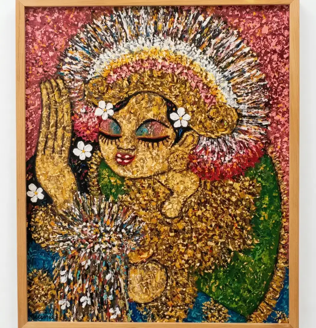 Close-up of Balinese dancer painting showing palette knife texture on dancer face with frangipani flowers in her hair