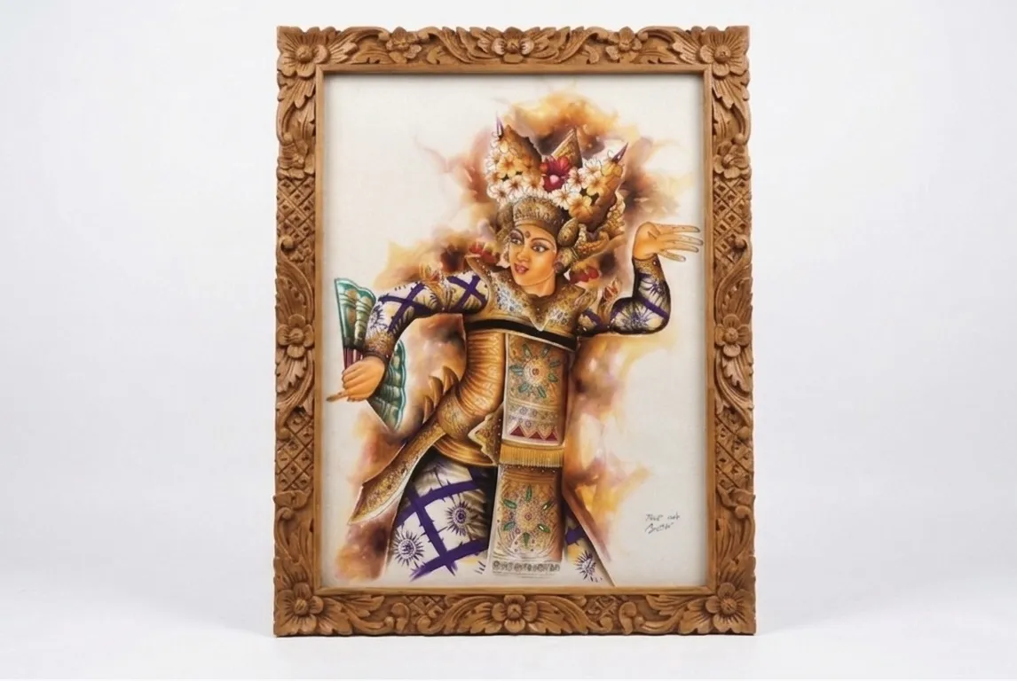 Authentic Balinese dancer painting of a Legong dancer in full ceremonial costume, airbrush on canvas, Arts of Bali gallery Seminyak