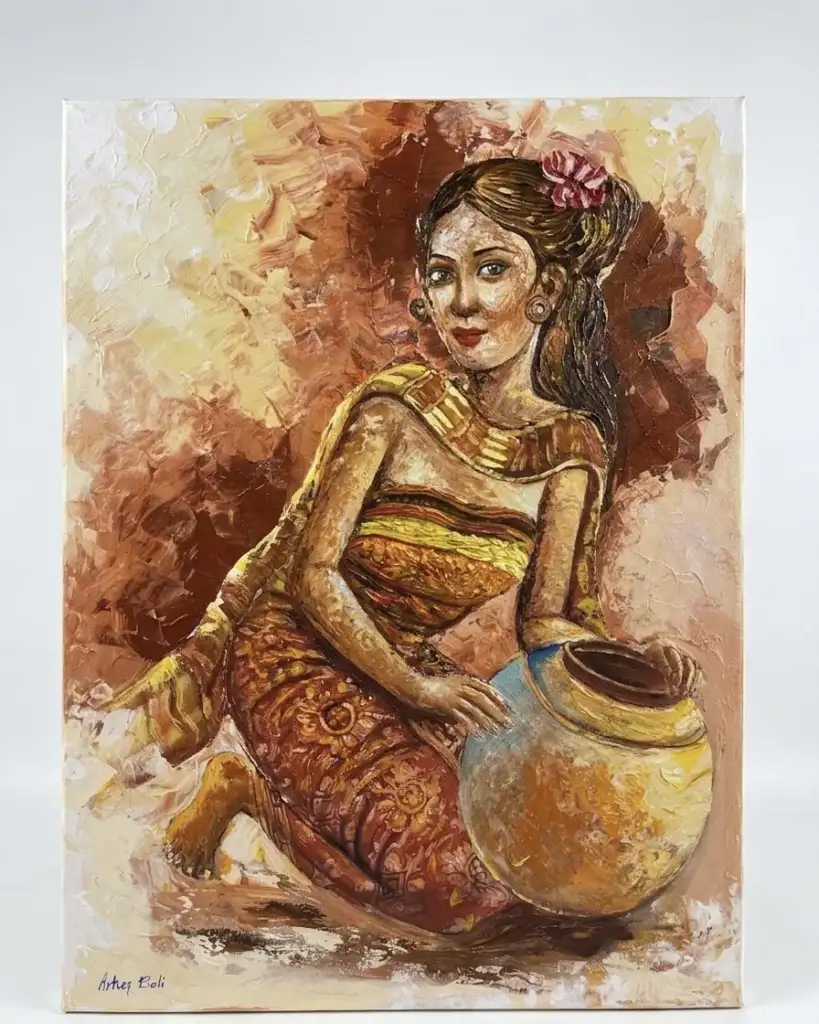 Seated Balinese woman in traditional kebaya and batik sarong holding clay vessel, warm terracotta palette knife oil painting signed Arts of Bali