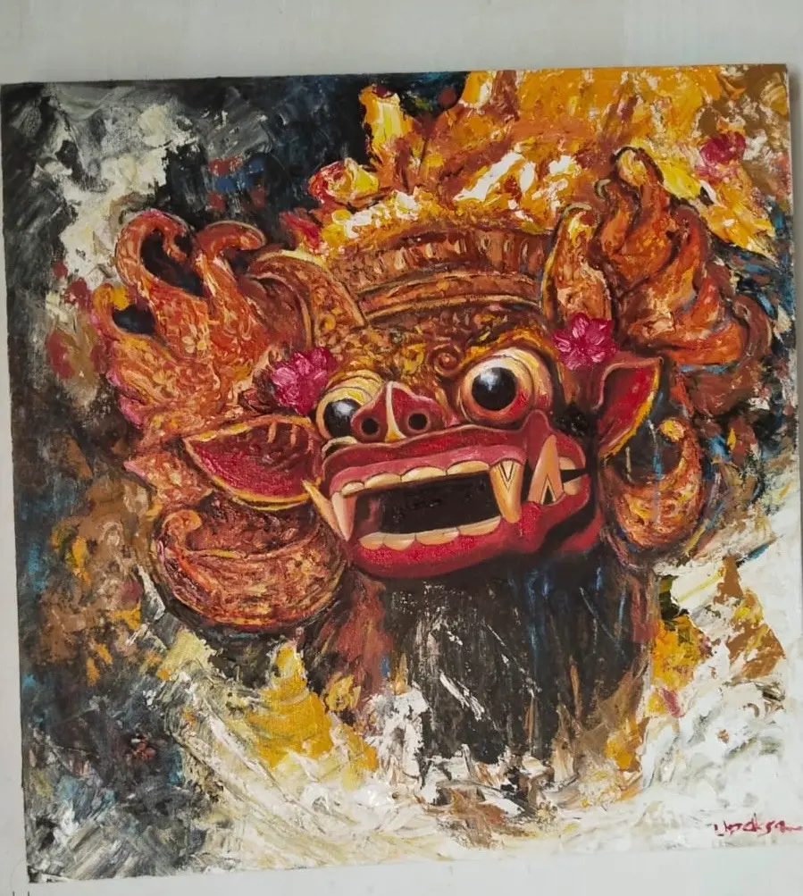 Barong palette knife painting by Upeksa showing the mythical spirit king in red gold and black tones on plain background