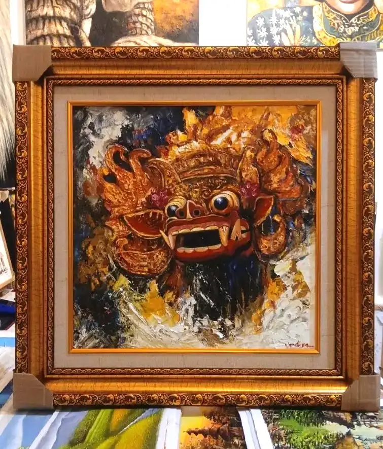 Barong painting by Upeksa in ornate carved gold frame displayed at Arts of Bali gallery Seminyak Bali