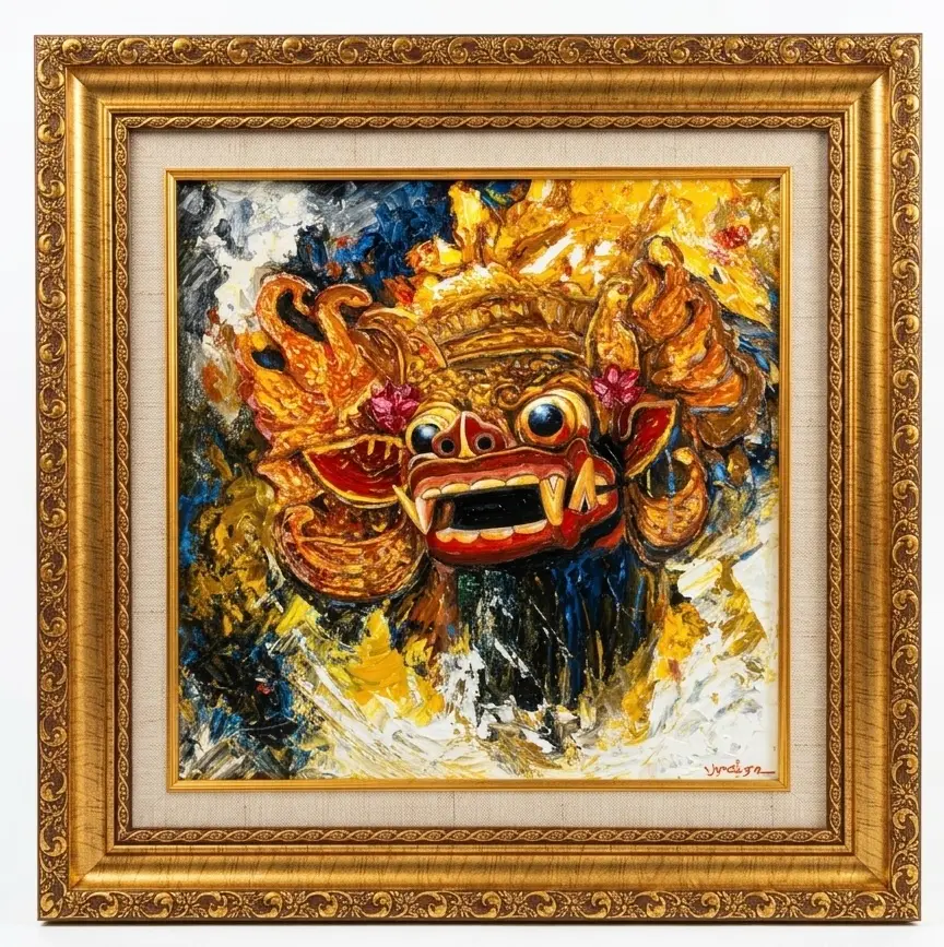 Barong Palette Knife Painting by Upeksa — Impasto Oil on Canvas, Arts of Bali Barong spirit king palette knife painting by Upeksa in red and gold impasto oil paint within a gilded frame at Arts of Bali gallery Seminyak