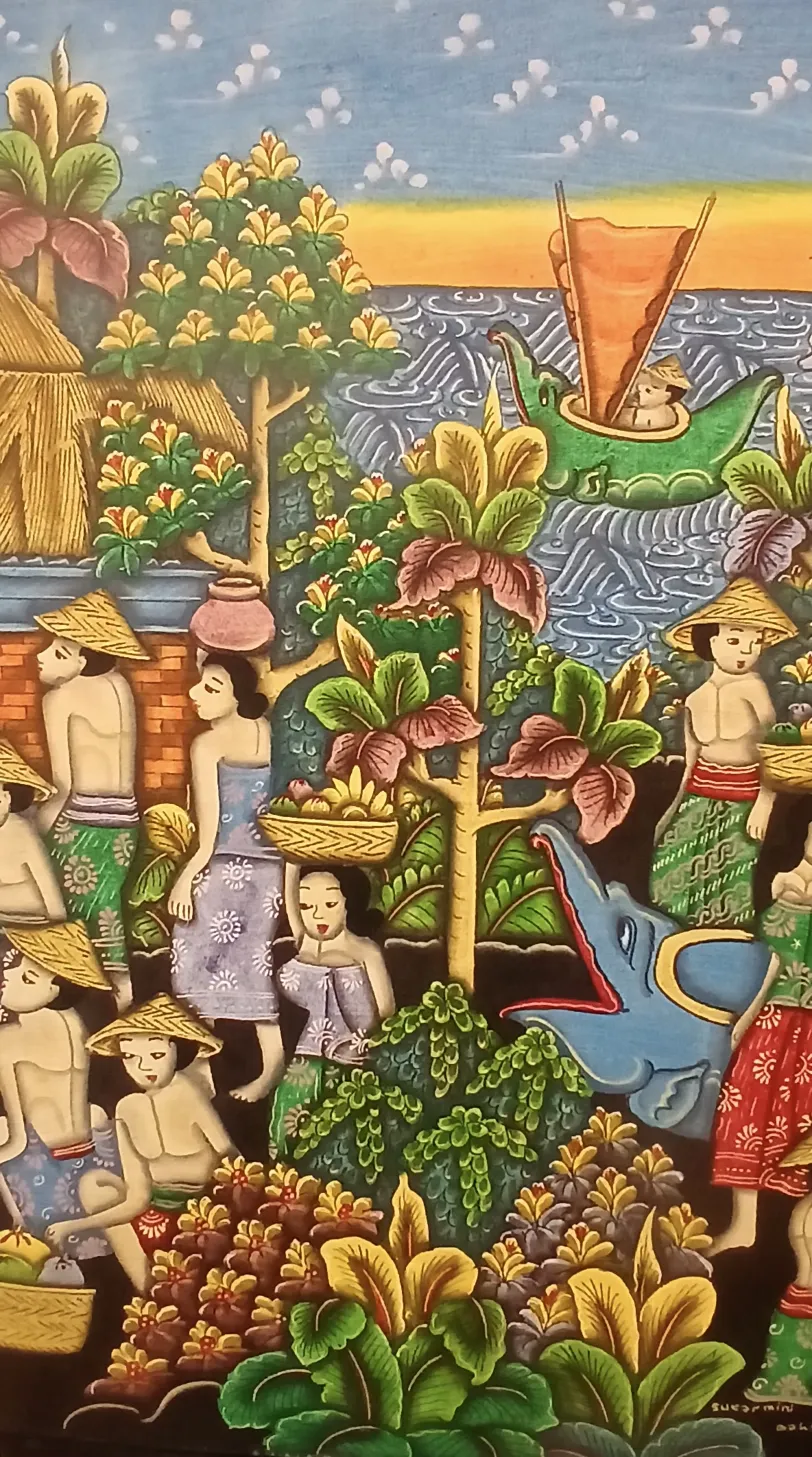 Close-up detail of a Batuan painting Bali showing layered village figures, a blue elephant, women with fruit baskets, and dense tropical flora