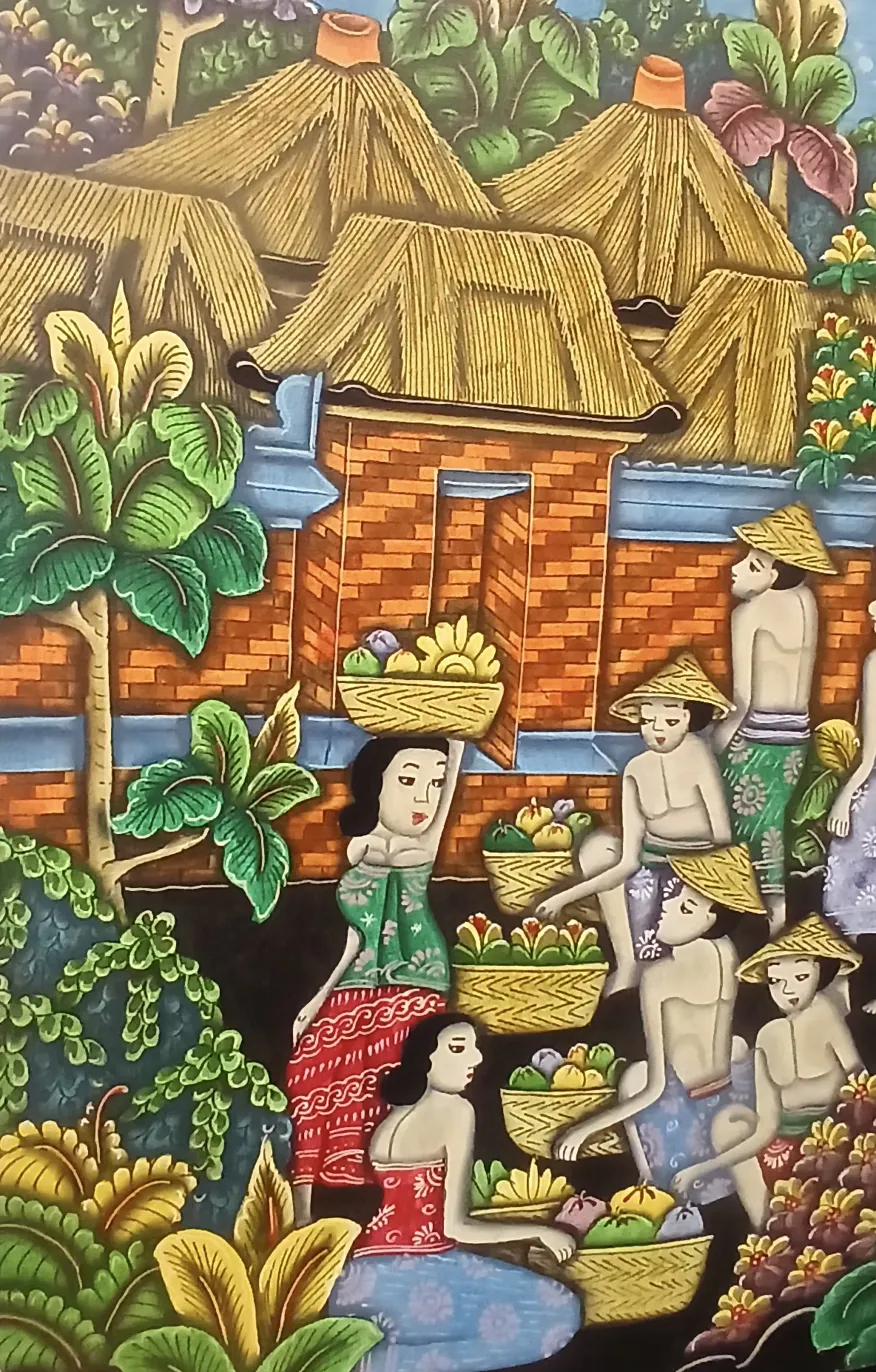 Close-up detail of a Batuan painting Bali showing women carrying fruit baskets beside a traditional brick-walled Balinese compound with thatched roof buildings