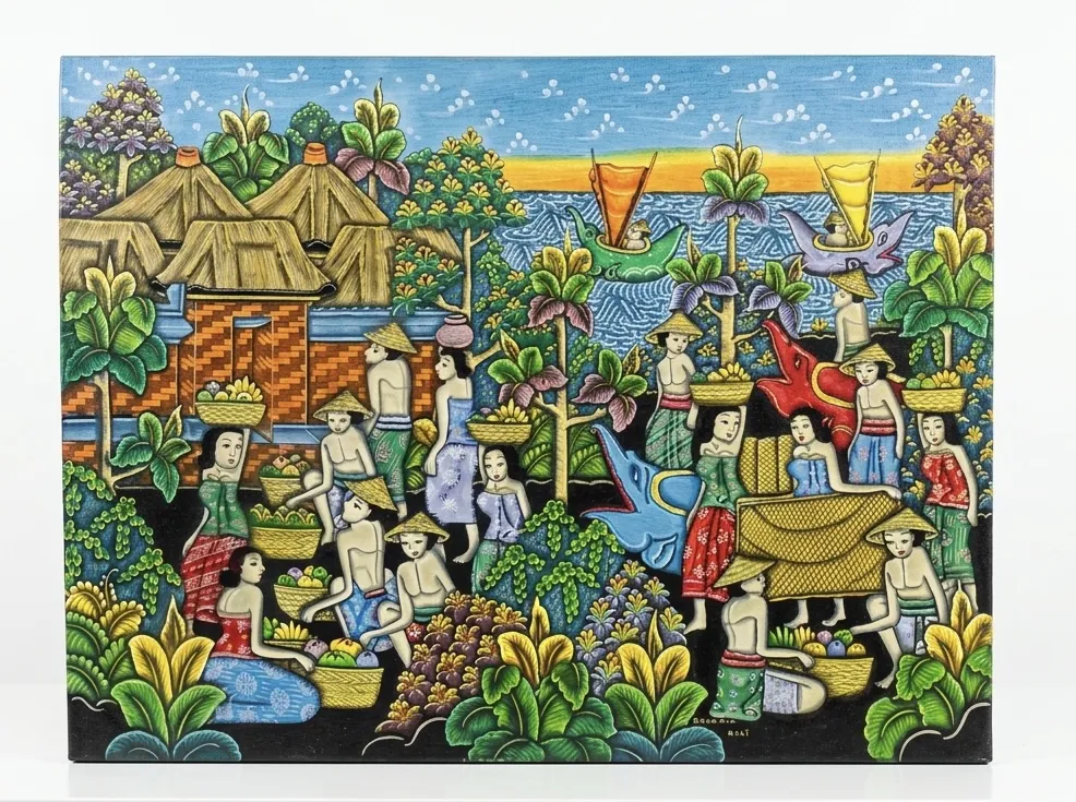 Batuan painting Bali showing a dense village market and coastal scene with figures carrying fruit baskets, fishing boats with sails, water buffalo, and tropical vegetation