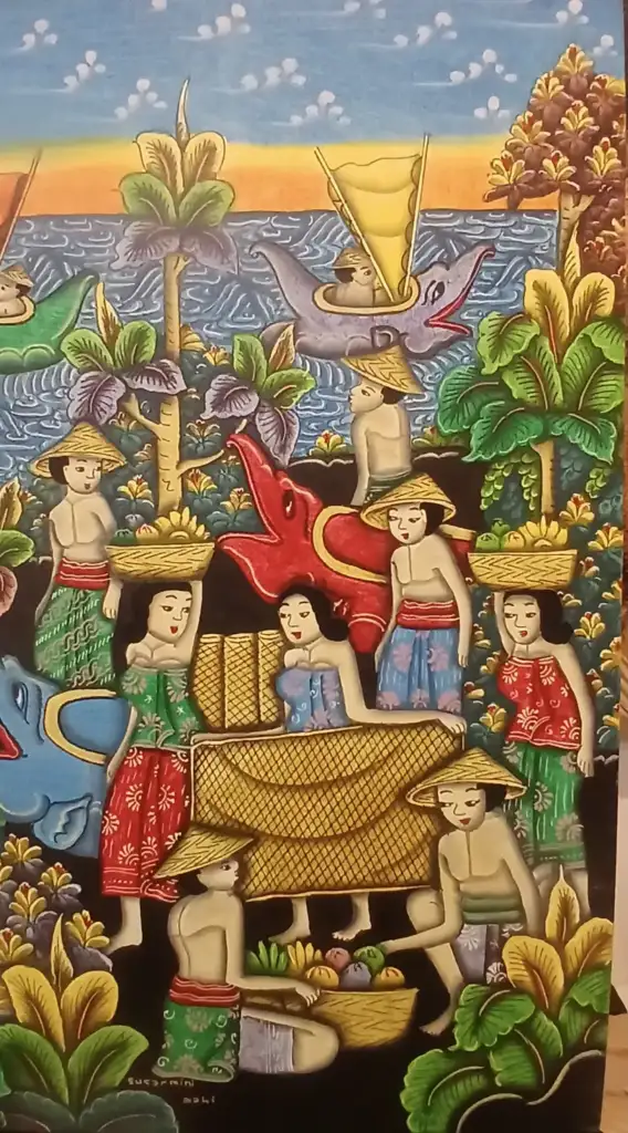 Close-up detail of a Batuan painting Bali showing women carrying fruit baskets beside a traditional brick-walled Balinese compound with thatched roof buildings