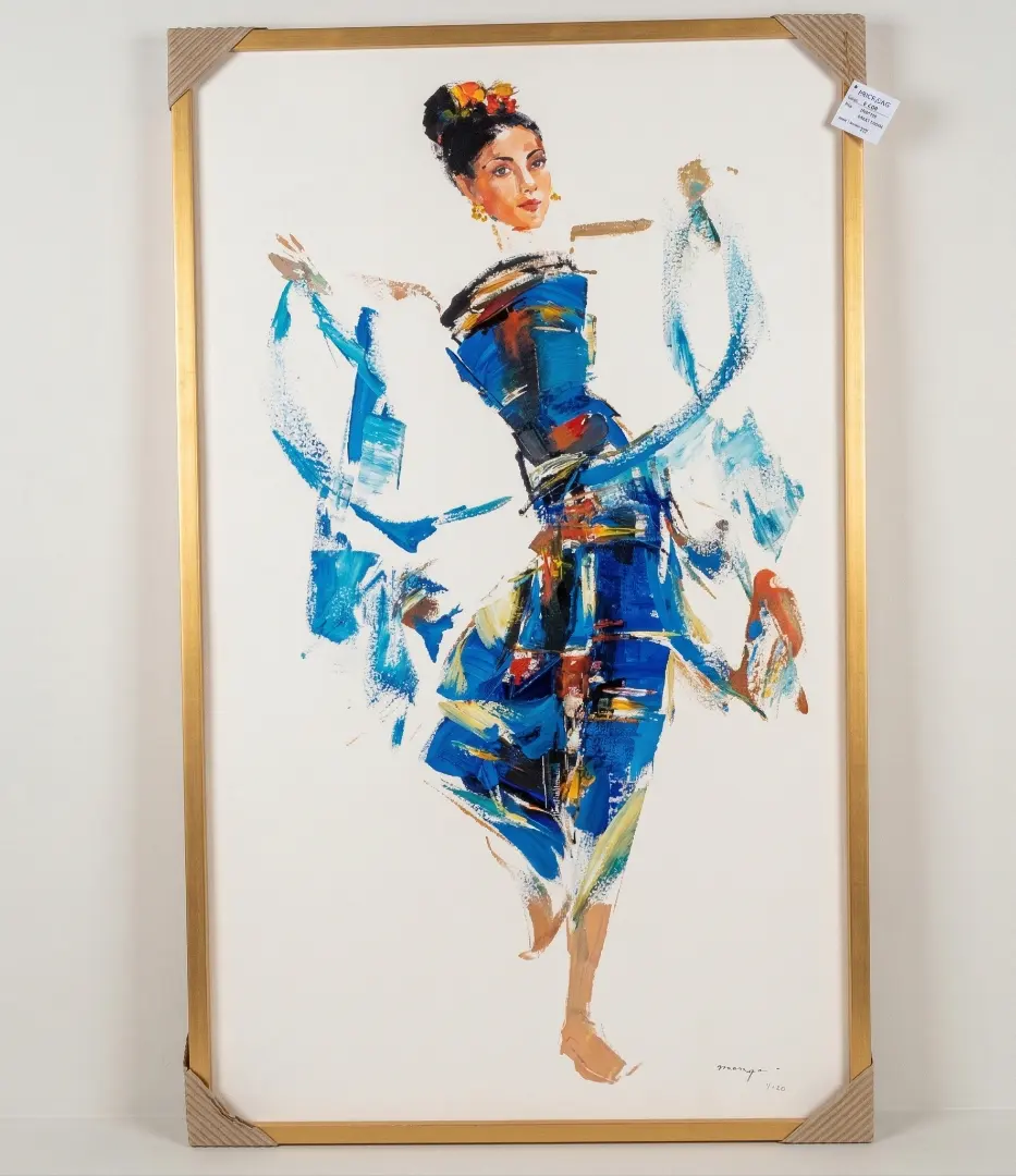 Contemporary Balinese dancer painting in blue loose brushstroke gestural style at Arts of Bali gallery Seminyak