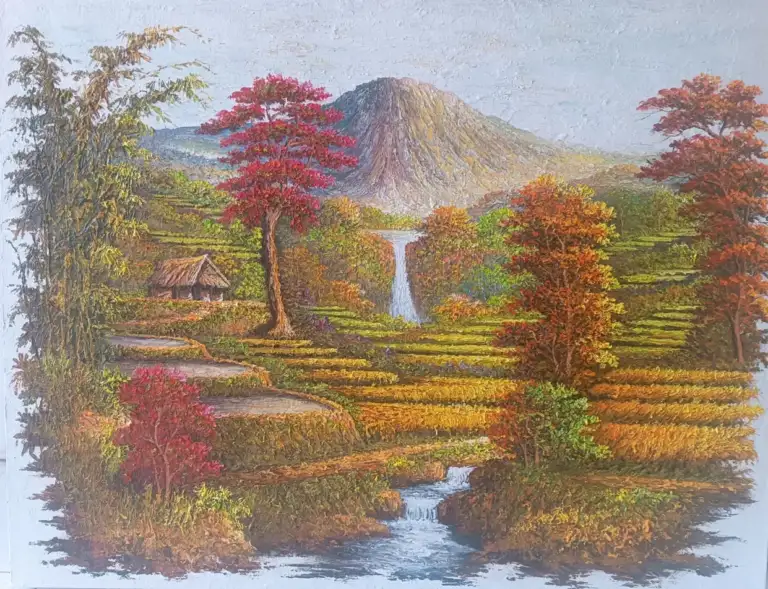 Gandara original Balinese landscape painting showing volcano rice terraces waterfall and traditional hut in harvest gold and earth tones