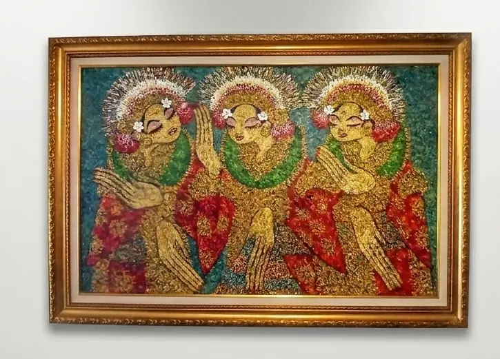 Janger dancer painting in red and gold palette knife technique at Arts of Bali Seminyak gallery